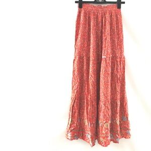 New Womens Maxi Skirt XS Elastic Ruched Waist Floral Flowy Red Long Summer